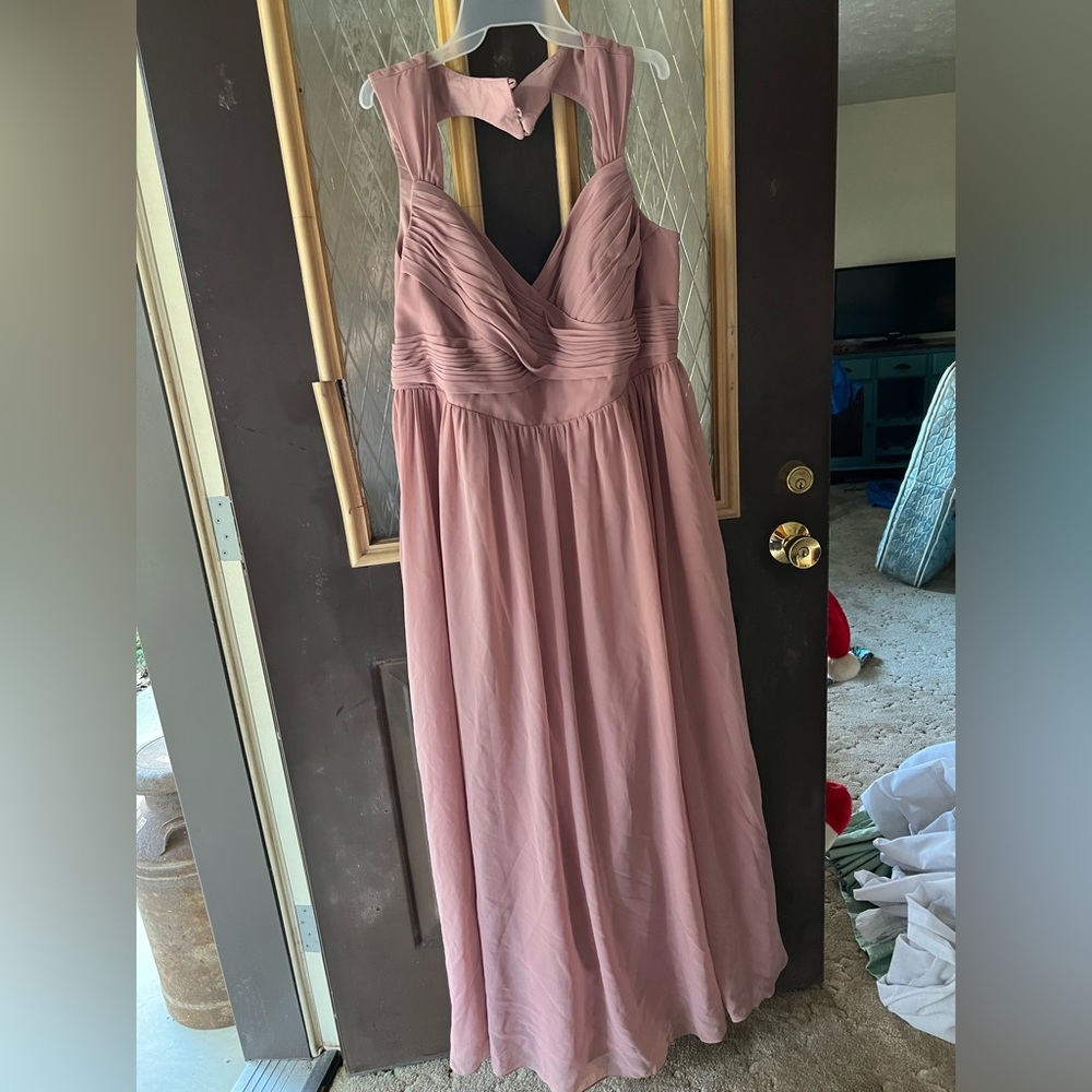 Azazie bridesmaid dress in dusty rose color.